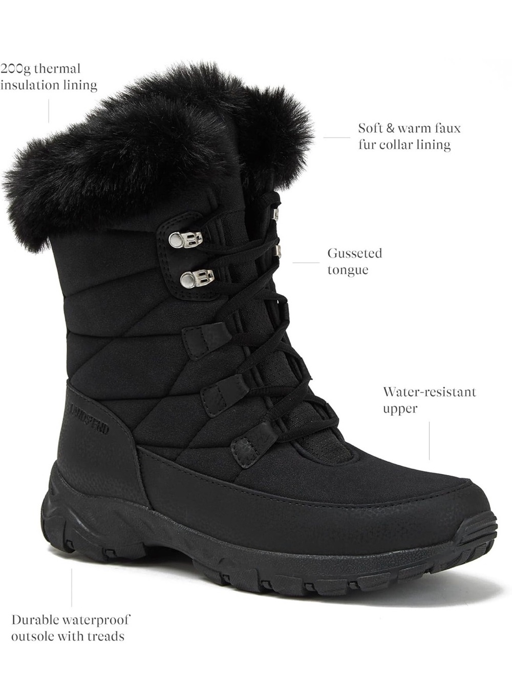 Lands' End Black Faux-Fur Cuff Winter Lace-Up Boot - Picture 2 of 7